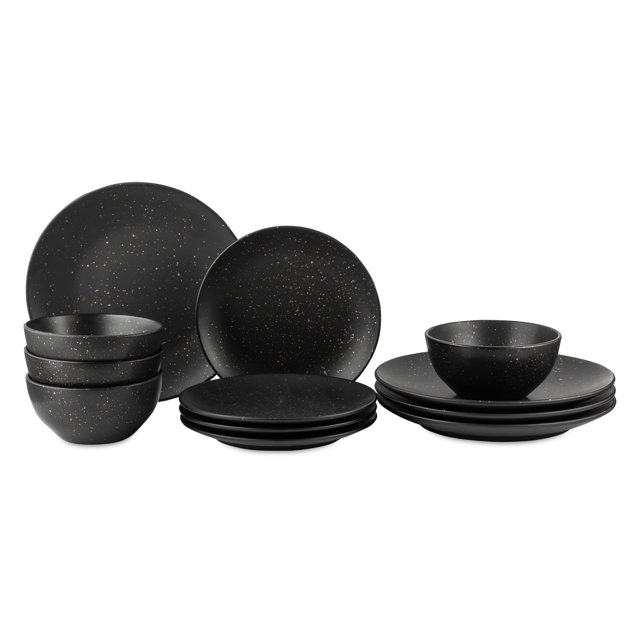 Thyme & Table Merrick 12-piece black dinnerware set with gold speckled design, featuring plates and bowls.