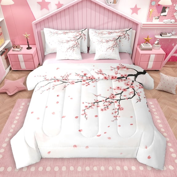 Manfei Cherry Blossom 7-Piece Twin Bedding Sets,Japanese Style Bedding Comforter Set,Pink Sakura Sheet Sets For Girls Kids,Ultra Soft Home Decor Reversible