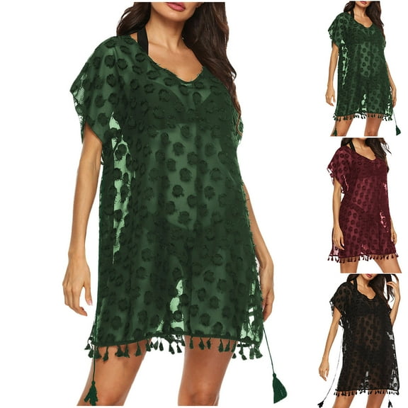 Tqyyweavej Women's Beach Crochet Cover Up Sexy Lace Sheer Short Length Sleeve Swimsuit Coverup Free Size V Neck Solid Color Swim Cover Up with Tassels