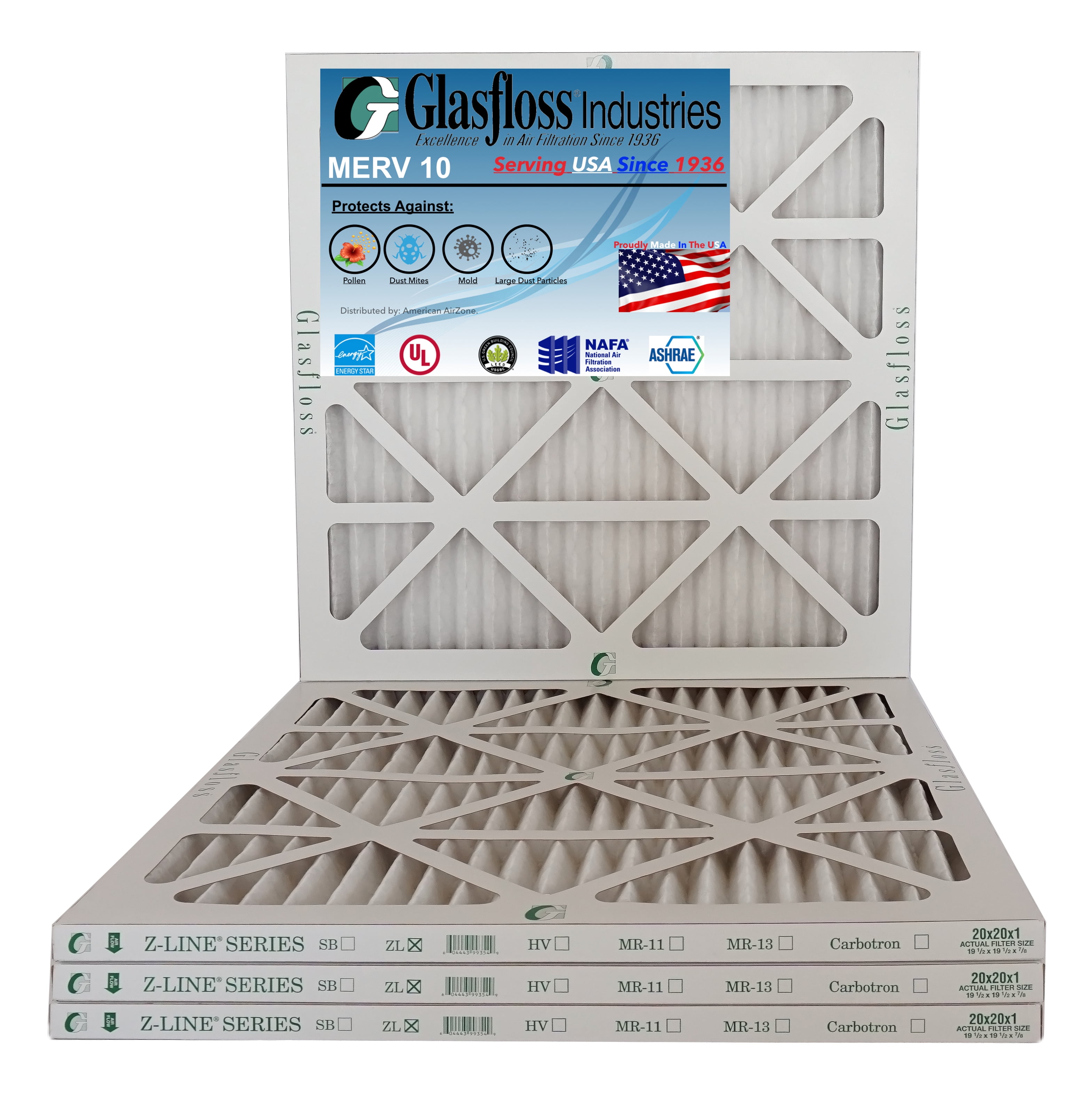 Glasfloss 20x20x1 MERV 10 Qty4 Furnace Air Filter Made in USA