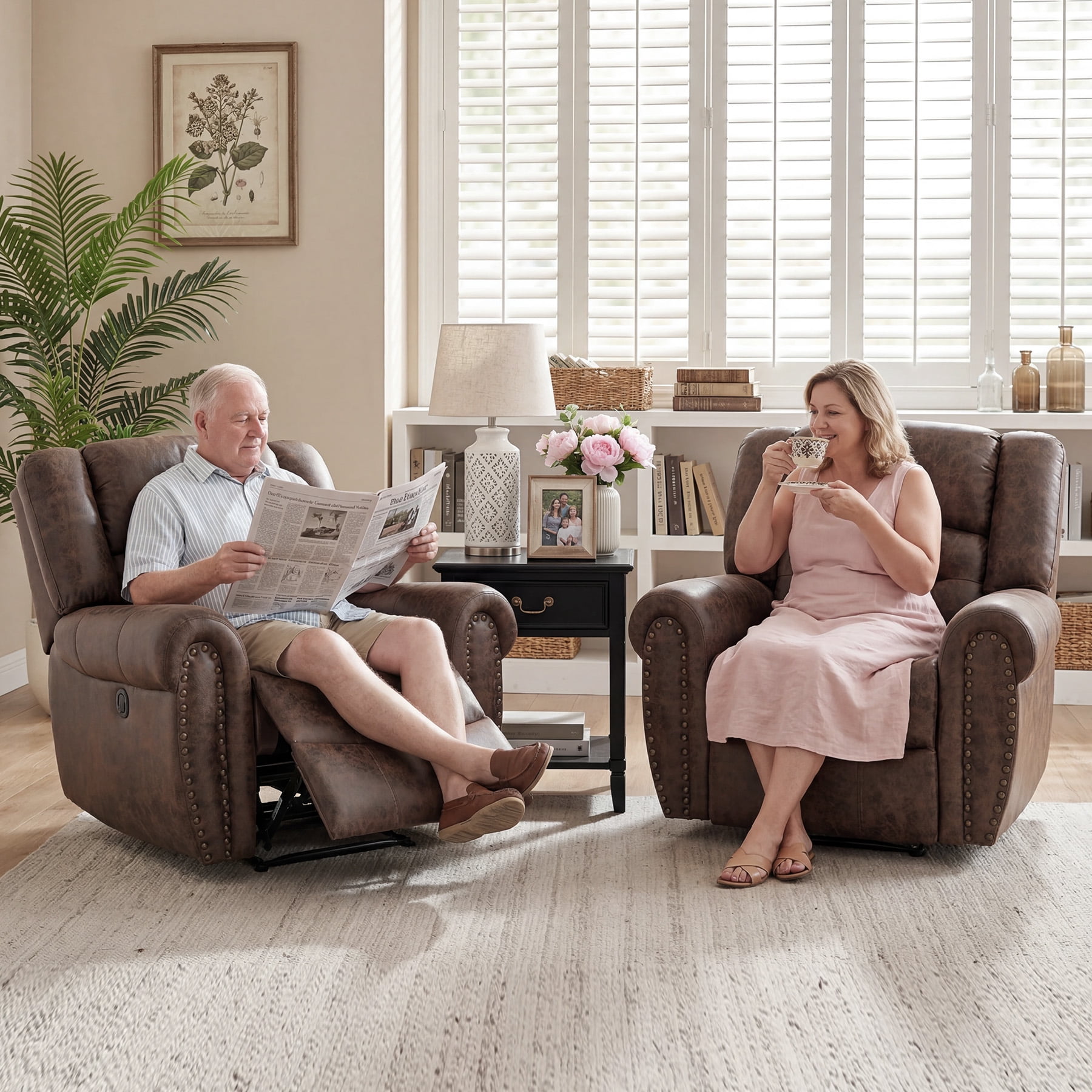 Bonzy Home Electric Power Recliner Chair Set of 2, Modern Reclining Chair with Rivet Trim & USB Port, Classic Single Sofa Home Theater Recliner Seating, Brown