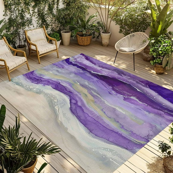 Fsddascl Purple Coastal Outdoor Rug for Patio/Deck/Porch, Non-Slip Large Area Rug 4 x 6 Ft, Summer Beach Nautical Abstract Art Indoor Outdoor Rugs Washable Area Rugs, Reversible Camping Rug Carpet