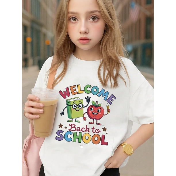 Boy's/Girls Back To School Theme Cotton Graphic Tees, Back To School Clothes Girls, Summer Tops With Fun School Characters, Gift For First Day of School, Cute, Playful, Kid-Friendly Kids Clothes Girl