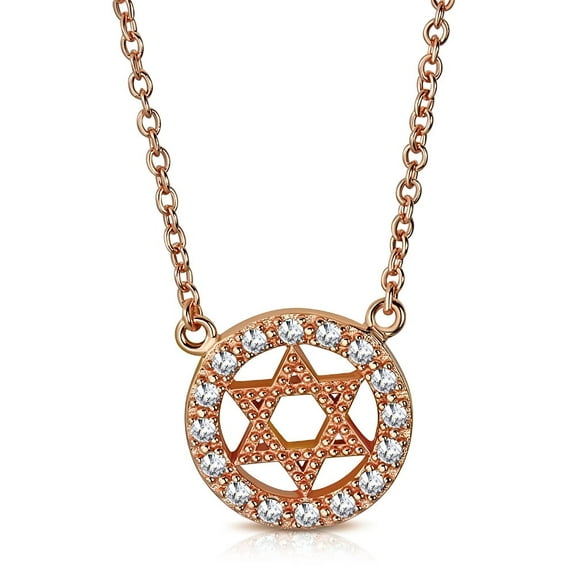 925 Sterling Silver Rose Gold-Tone Jewish Star of David White Clear CZ Pendant Necklace, 18"