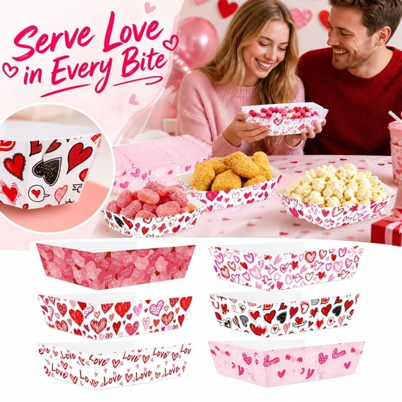 Valentine's Day Paper Serving Trays 6 Pack, Pink Heart Disposable Snack Plates for Candy Dessert Table, Romantic Party Decor Supplies for Couples Kids Class Exchange, Sturdy Cardboard