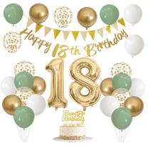 Sage Green White Gold 18th Birthday Party Decorations Kit,Happy 18th Banner Triangle Flags Garlands Number 18 Balloons Cake Toppers for 18 Year Old Girls/Boys Anniversary Party Backdrops Supplies