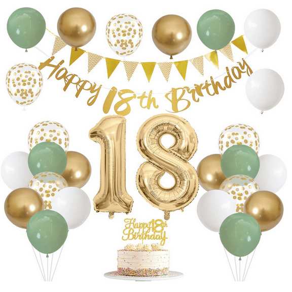 Sage Green White Gold 18th Birthday Party Decorations Kit,Happy 18th Banner Triangle Flags Garlands Number 18 Balloons Cake Toppers for 18 Year Old Girls/Boys Anniversary Party Backdrops Supplies