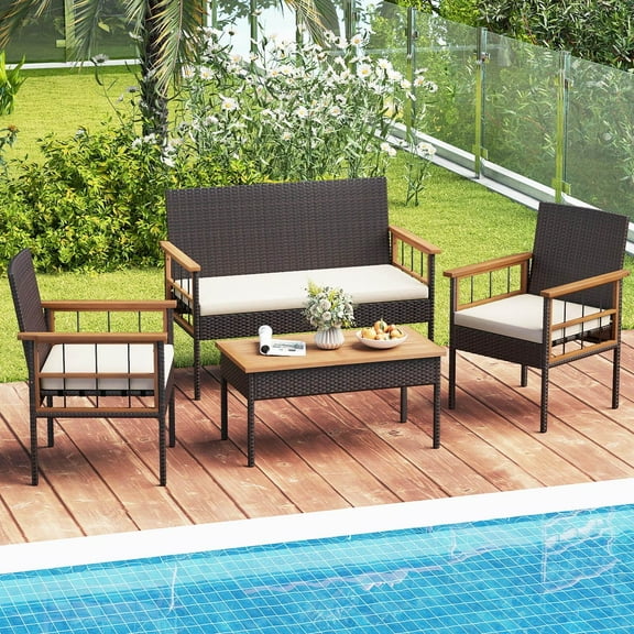 Costway 4 PCS Wicker Furniture Set with Acacia Wood Tabletop Armrests Cushions for Backyard