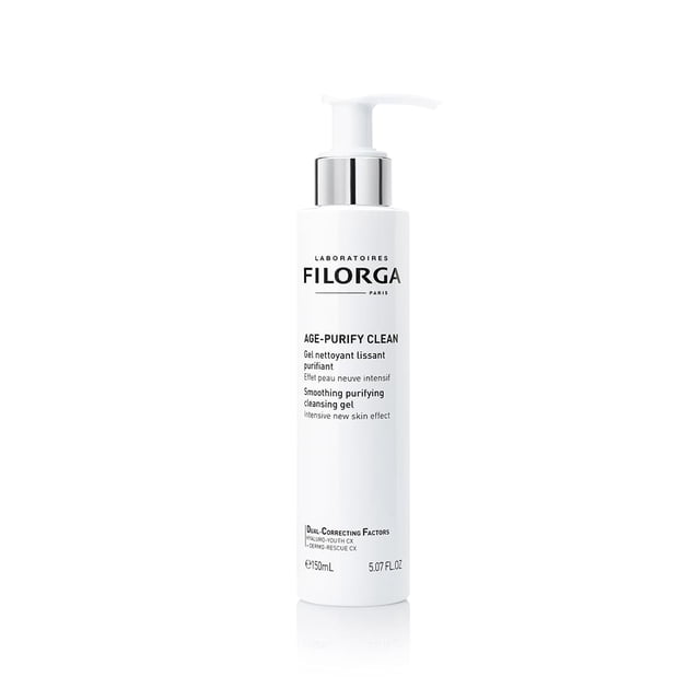 filorga age purify - 30+ - unidad - 750 ml - 200 g - 1 botella blanca con dosificador pump de Filorga Age-Purify, envase cilíndrico alto con collar plateado y texto negro que indica AGE-PURIFY CLEAN smoothing purifying cleansing gel; fondo blanco de estudio. Ideal también para uso como gel limpiador facial en rutina diaria.