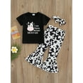 thumbnail image 2 of Genuiskids Kids Toddler Baby Girl Cow Outfit Summer Letters Printed Short Sleeve T Shirt Top Cow Print Flared Pants Set, 2 of 8