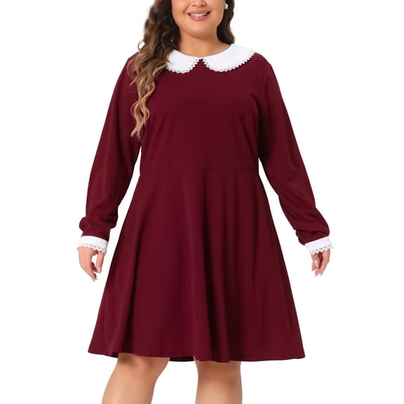 DARING DIVA Plus Christmas Peter Pan Collar A Line Knee Length Dress 1X Burgundy