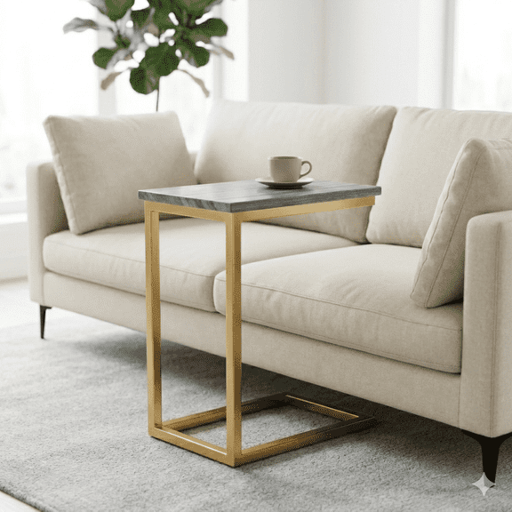 Skyler 10 in Metal and Genuine Marble C Shape Side Table in Black