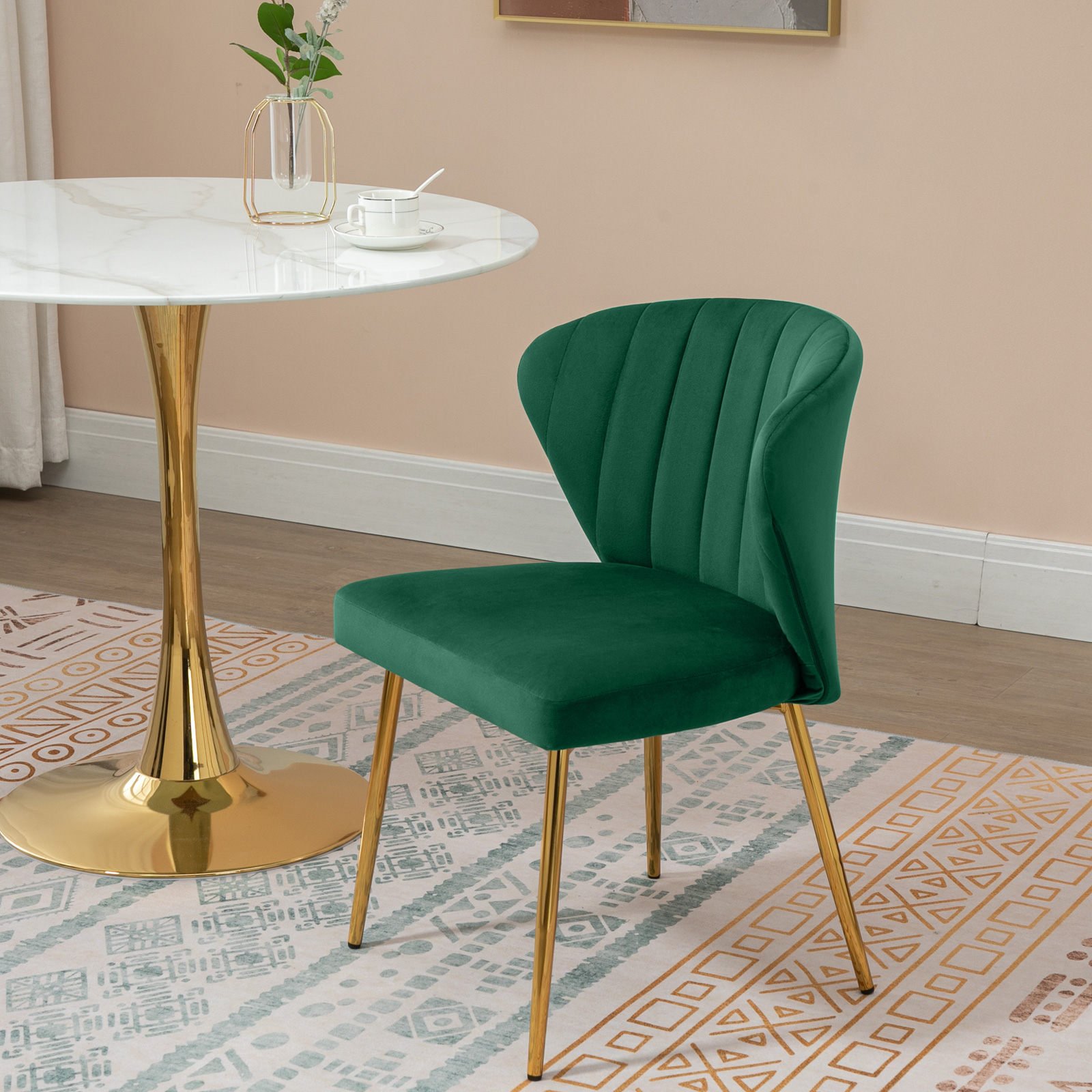 MOJAY Modern Velvet Dining Chair Set of 2 with Tufted Backrest and Golden Legs, Green