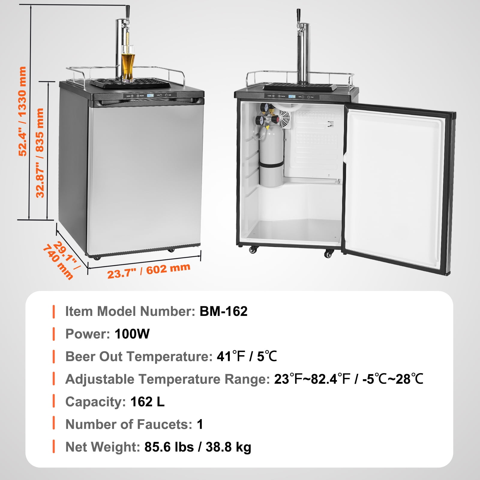 KFFKFF Beer Cooler, 162L Single Faucet Draft Beverage Chiller, Large Capacity Keg Fridge with Storage, CO2 Cylinder (Empty), 23°F- 82.4°F Adjustable Cooling,