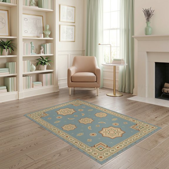 ODIKA 4'x6' Beige Blue Slate Motif Washable Area Rug Intricate Geometric Floral Design Pet Friendly, Non-Shedding for Bedroom, Reading Nook