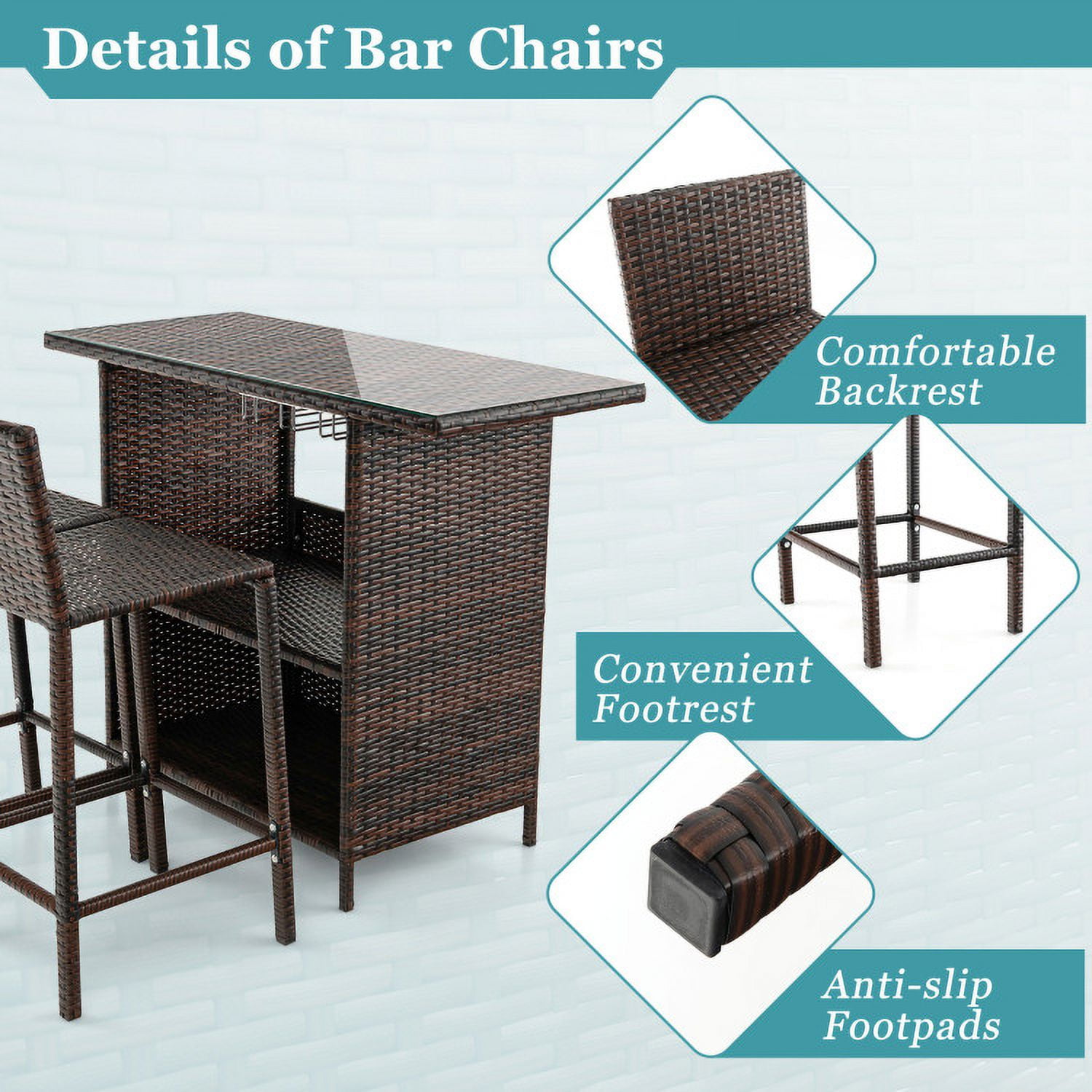 Aimee Lii 3 Pieces Outdoor Wicker Bar Set with 3 Rows Stemware Racks, Outdoor Patio Furniture