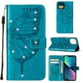 thumbnail image 1 of SaniMore Case for iPhone 14 (6.1" 2022), PU Leather Luxury Embossed Butterfly Glitter Diamond [Wrist Strap & Card Slots & Flip Kickstand] Full-body Shockproof Wallet Cover for iPhone 14, Blue, 1 of 6