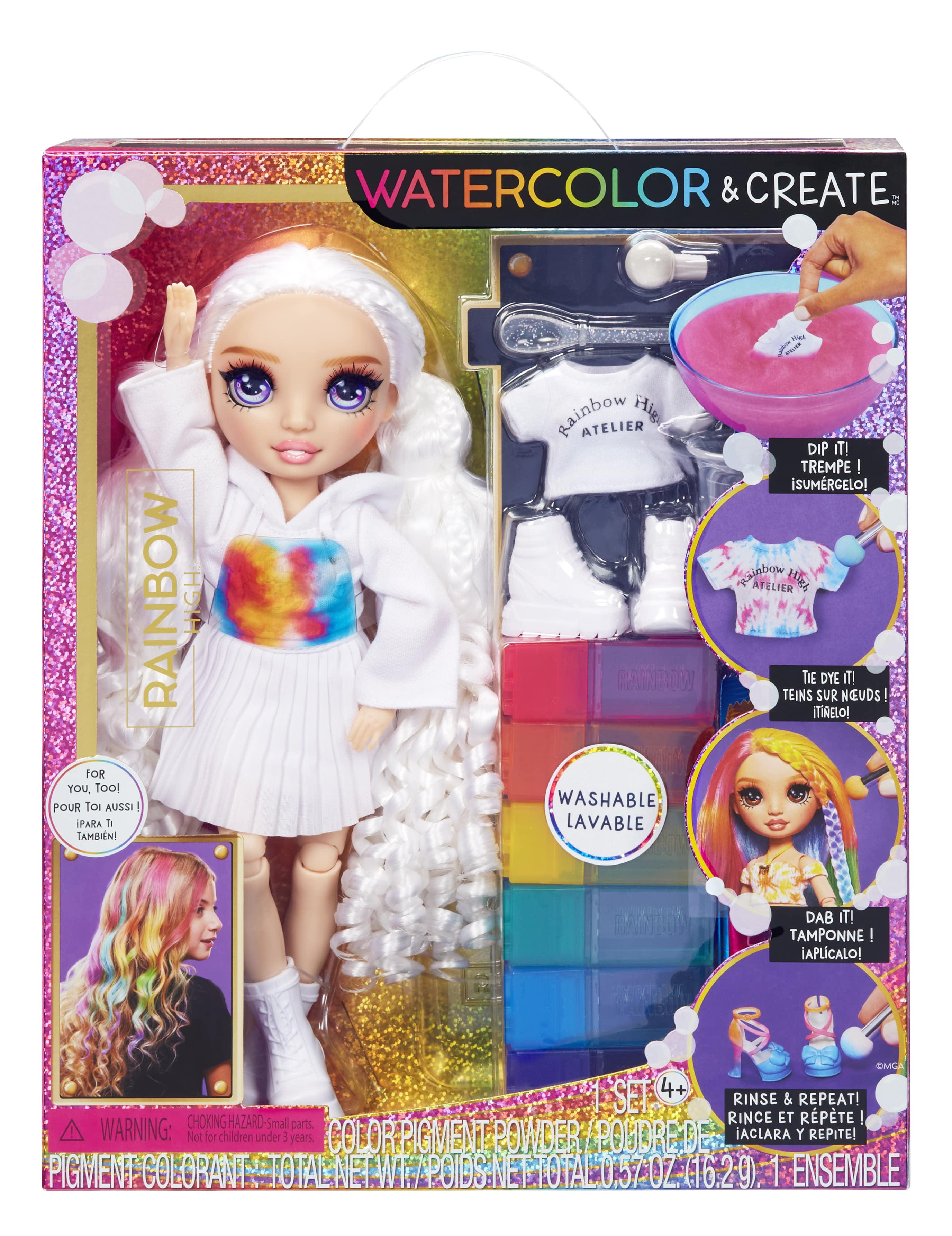 Rainbow High Watercolor & Create Fashion DIY Doll with Washable Watercolors + Tie-Dye Kit, Purple Eyes, Curled Hair, Top & Shoes, 4-12+