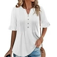 thumbnail image 3 of Olyvenn Fashion Ruffle Short Sleeve Tops for Women V Neck Henley Short Sleeve Dressy Casual Shirts Loose Button Pleated Blouses Tunic White S, 3 of 9