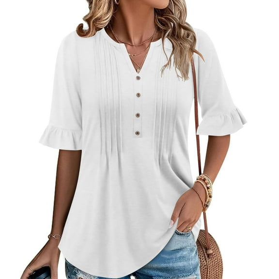 Olyvenn Ruffle Short Sleeve Tops for Women V Neck Henley Short Sleeve Dressy Casual Shirts Loose Button Pleated Blouses Tunic White XL