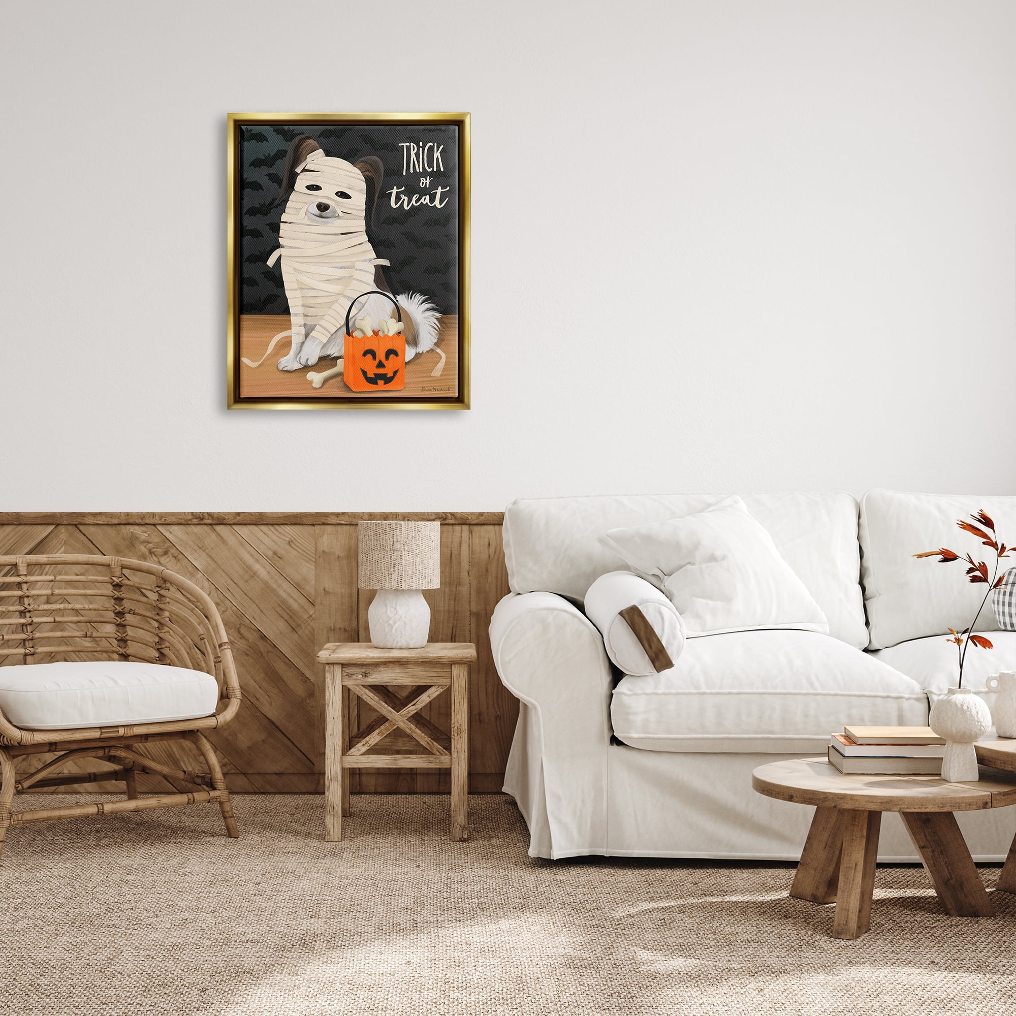 Stupell Industries Dog Wearing Mummy Costume Trick or Treat Halloween Graphic Art Metallic Gold Floating Framed Canvas Print Wall Art, Design by Diane Neukirch