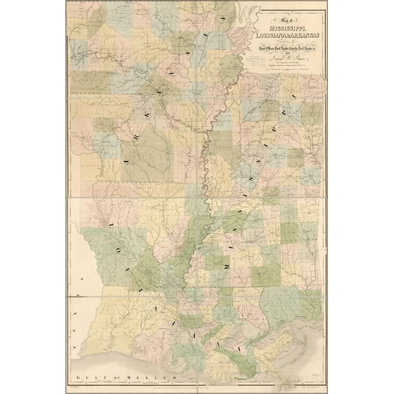 24"x36" Gallery Poster, Map of Mississippi, Louisiana & Arkansas 1839