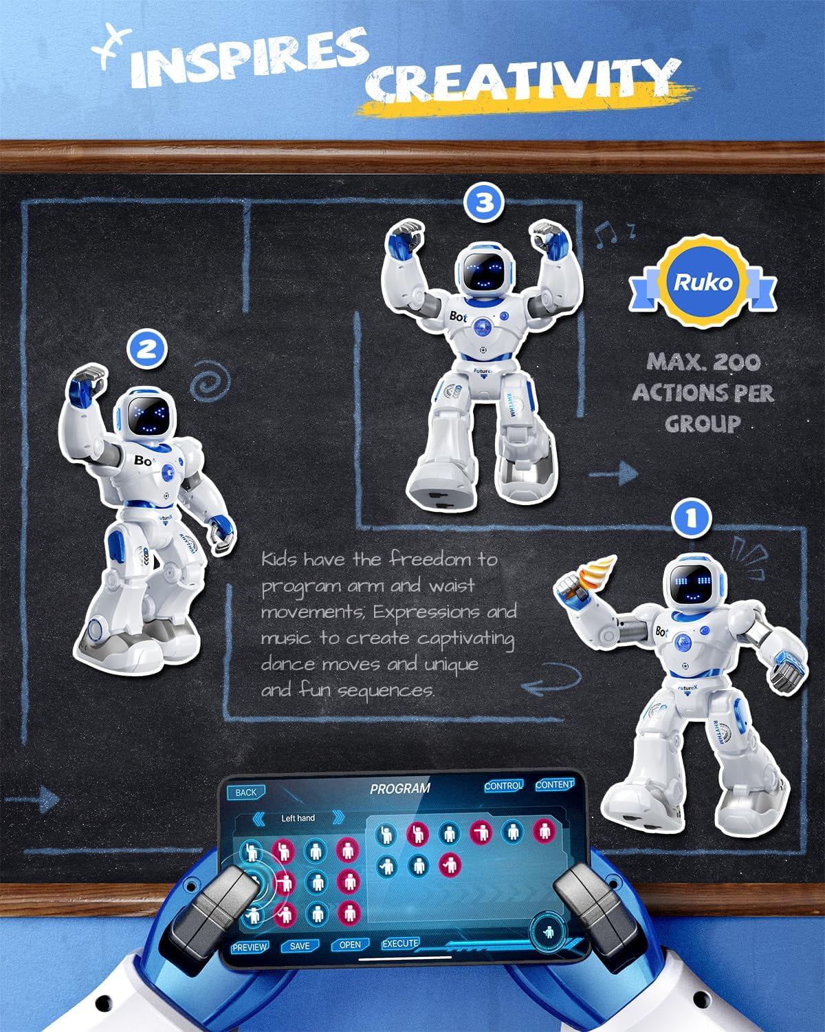 Ruko 1088 Smart Robots for Kids, Large Programmable Interactive RC Robot with Voice Control, APP Control, Present for 4-9 Years Old Kids Boys and Girls, Blue