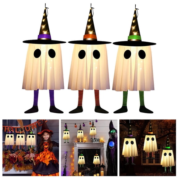 Halloween Decorations, 3-Pack LED Lighted Ghost with Witch Hat Hanging Ornaments, Fabric Ghost with Striped Legs, Battery-Operated Spooky Lights for Tree, Yard, Porch & Indoor Display
