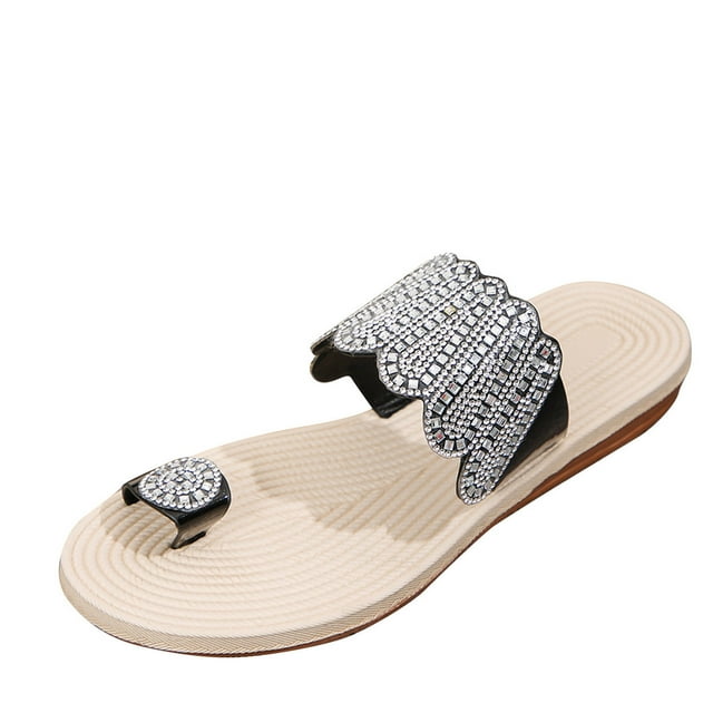 Hyknon Sandals for Women Summer Large Size Rhinestones With Flat Slippers Arch Support Comfortable Sandals