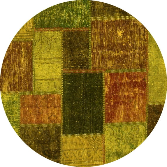 Ahgly Company Machine Washable Indoor Round Abstract Yellow Modern Area Rugs, 7' Round