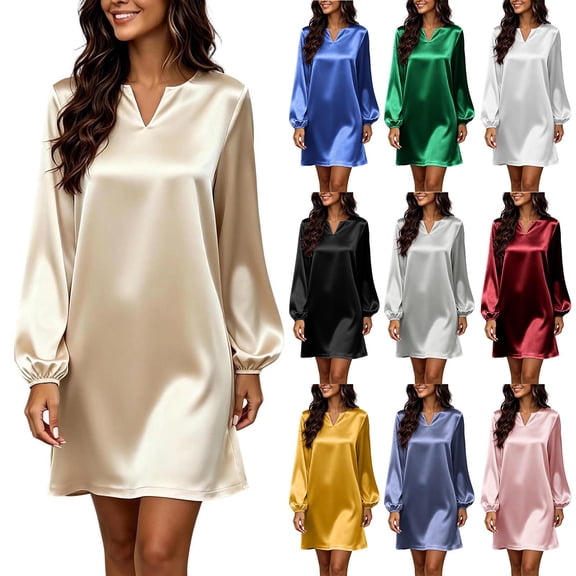 Lolmot Plus Size Satin A Line Dresses for Women Dressy Casual Long Puff Sleeve V Neck Mini Dress Flowy Fall Wedding Guest Dresses