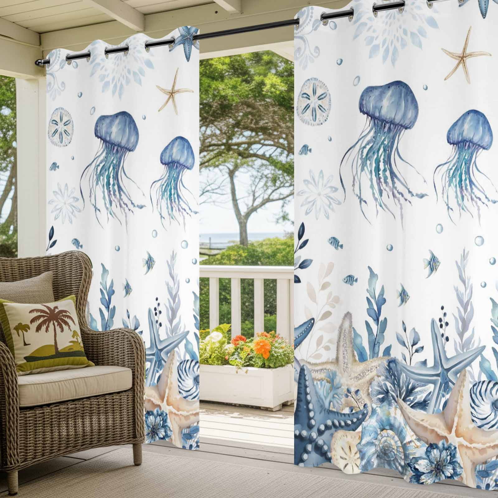 Ocean Jellyfish Outdoor Curtains for Patio, Blue Yellow Sea Star Shell Coral Sunshade Privacy Drapes Grommet Waterproof Outside Curtains for Porch/Cabana/Balcony 54"x 108", 1 Panel