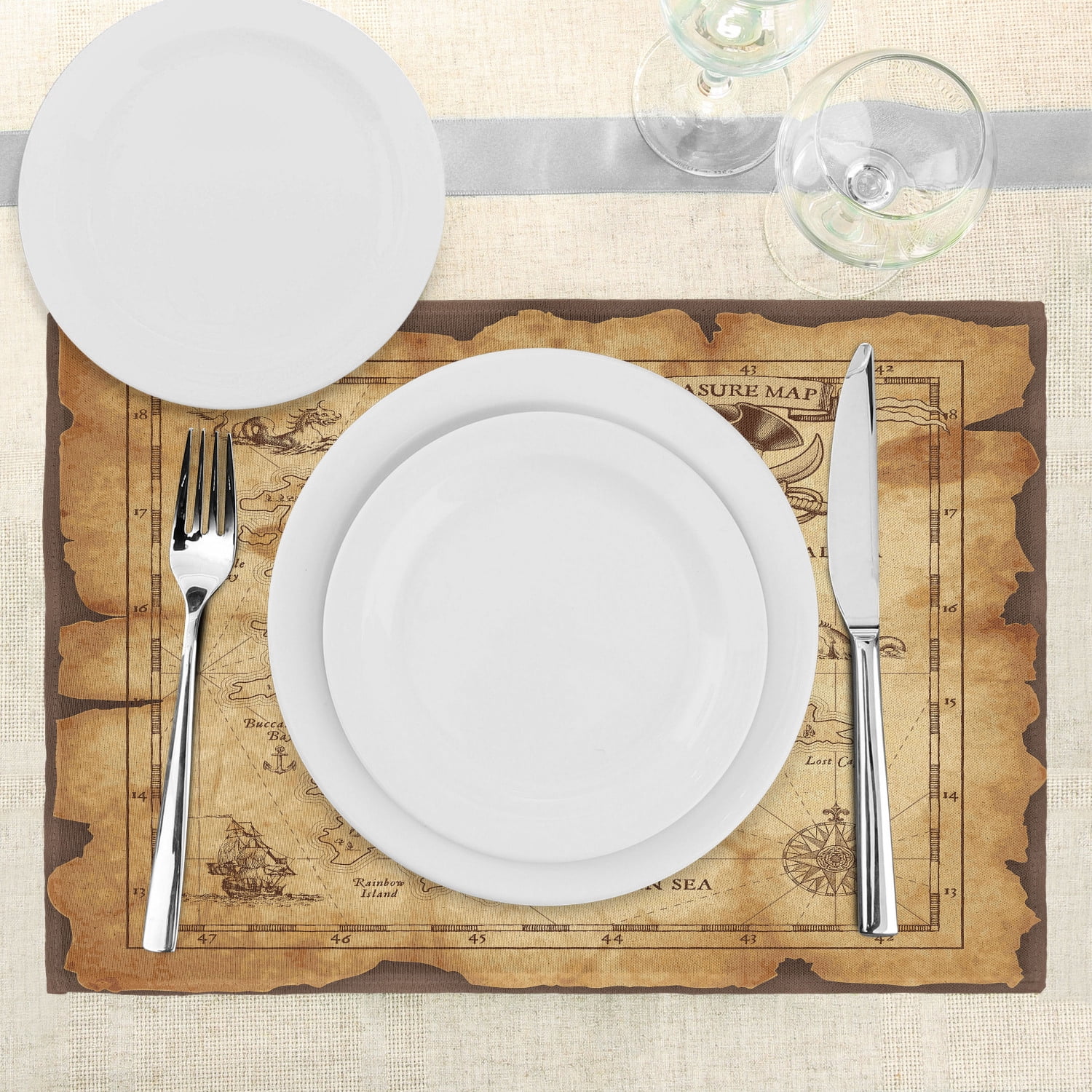 Ambesonne Beige and Brown Place Mats Set of 4, Classical Rococo 並行輸入品 : Ambesonne Beige Stall Shower Curtain, Faded Tiles Wood