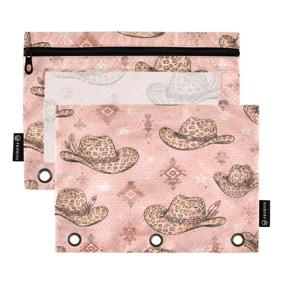 2 Pack 3 Ring Binder Pouch with Clear PVC Window Water Resistant Zipper Pencil Pouch Pink Leopard Cowboy Hat Pattern Binder Pocket for Classroom Office Home Stationery Organization