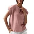 thumbnail image 2 of Lovskoo Women's Linen Shirts Cap Short Sleeve Loose Pollover Solid Color V-Neck Blouse Shirt Pink, 2 of 7