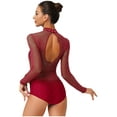 thumbnail image 2 of Hansber Women's Gymnastics Leotard Long Sleeve Sheer Mesh Patchwork Rhinestones Figure Skating Dance Bodysuit Burgundy S, 2 of 5