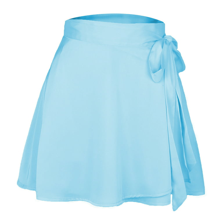 Ruffle Mini Skirts Womens Soft Satin Silk Short Skirt Tie Waist Summer  Casual Tennis Golf A Line Wrap Skirt (Medium, Blue)