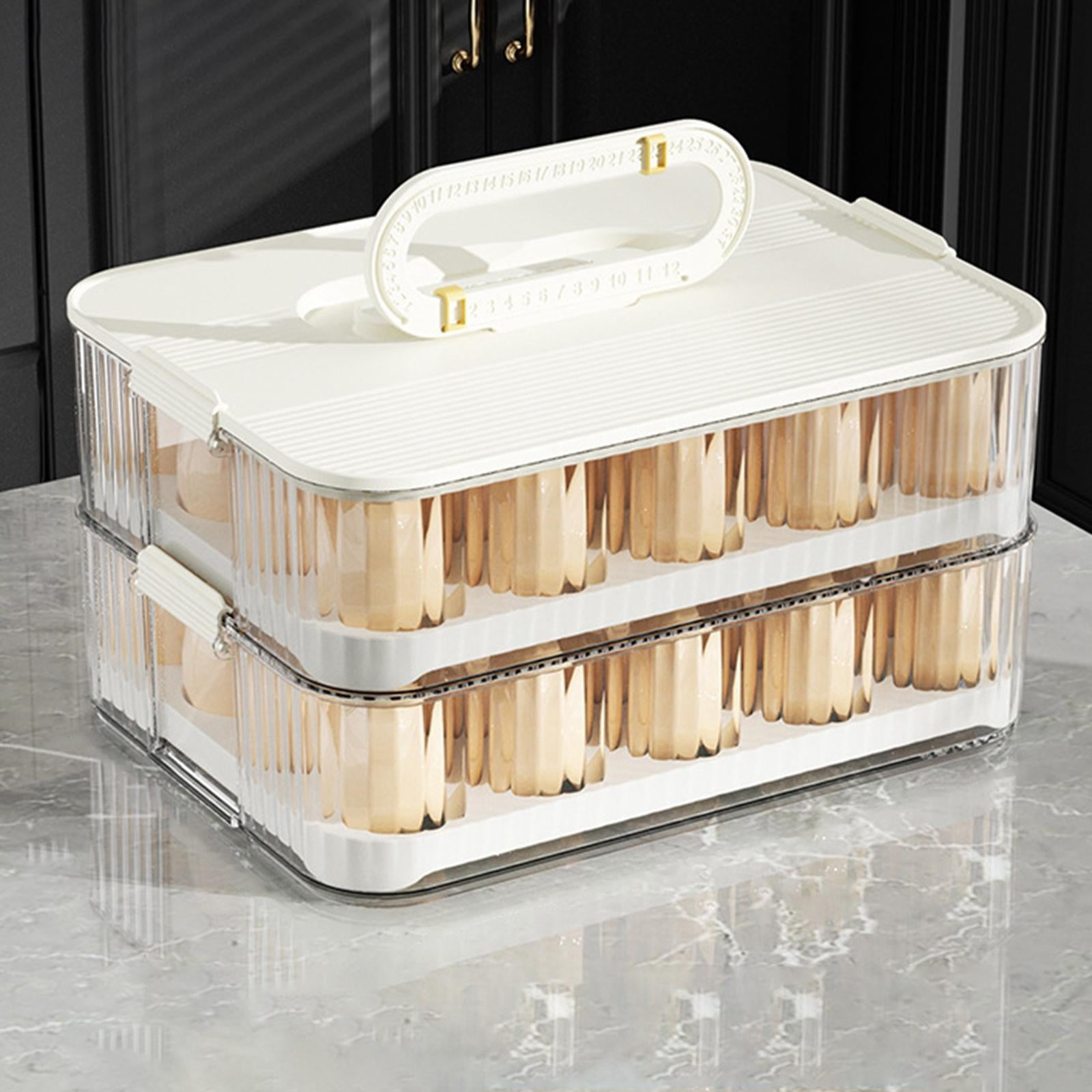 Fiocias Egg Container Freshness Timer Support Stackable Eggs Tray Bins Egg Fresh Storage 2 Layer and white
