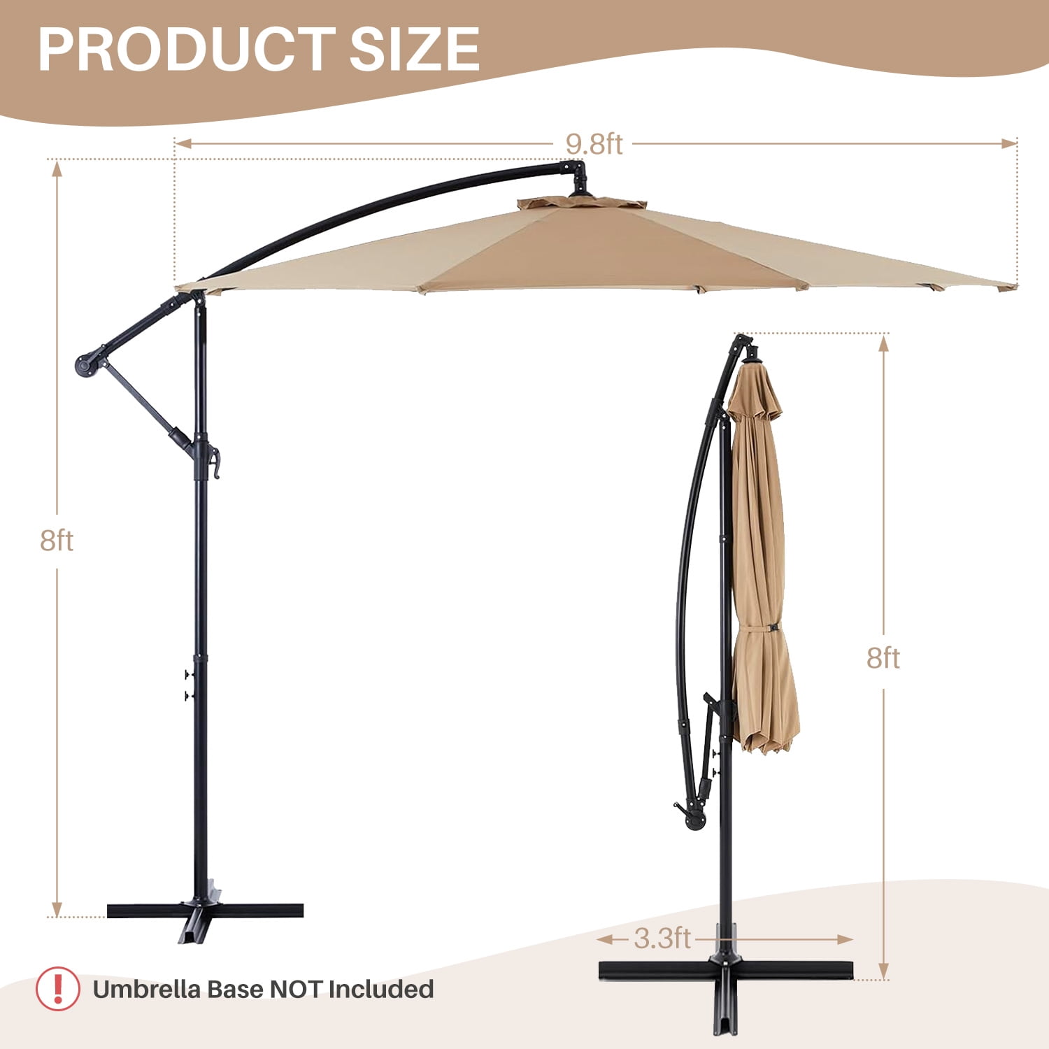 Blorly 10FT Offset Patio Umbrella, Hanging Cantilever Umbrella with Easy Tilt Adjustment, 8 Ribs, UV Protection, Khaki