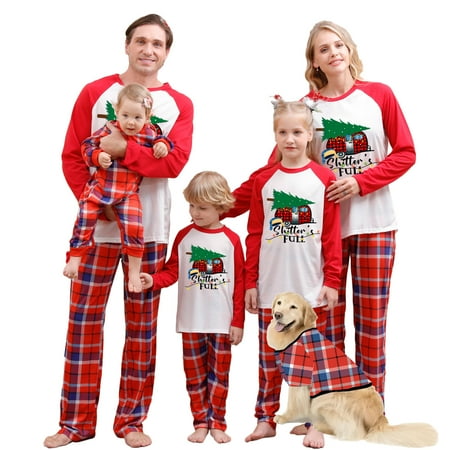 

Franhais Christmas Pajamas for Family Long Sleeve Tree Car Print Tops + Plaid Pants Set Sleepwear Loungewear