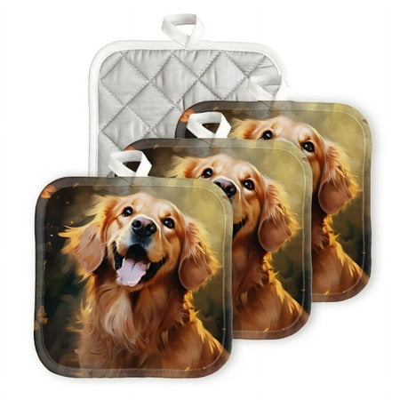 

BaHomeck Pot Holders 4pcs dacron Made Square heat-resisting mat Machine Washable for Kitchen Oven Hot Pads 6.7inch*6.7inch Golden Retriever Dog With Happy And Smiling Face