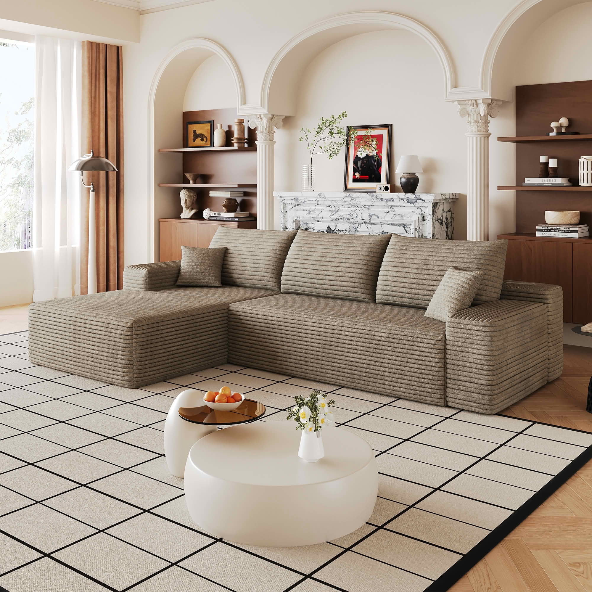 MAYEERTY 107-Inch Camel Plush Corduroy 3-Seat L-Shaped Cloud Modular Sectional Sofa, Deep Seat Couch with Chaise No Assembly Required