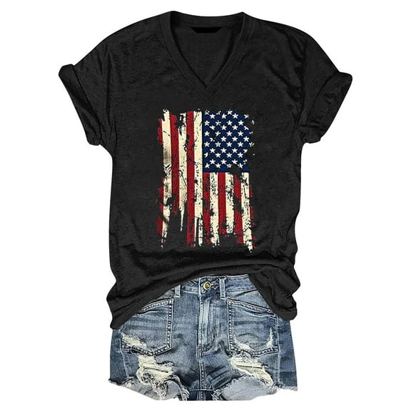Uooqdmx Fourth of July Shirts for Women, V Neck Tops for Women, Womens T Shirts Loose Fit, Independence Day Tops for Women, American Flag Shirt, Black L