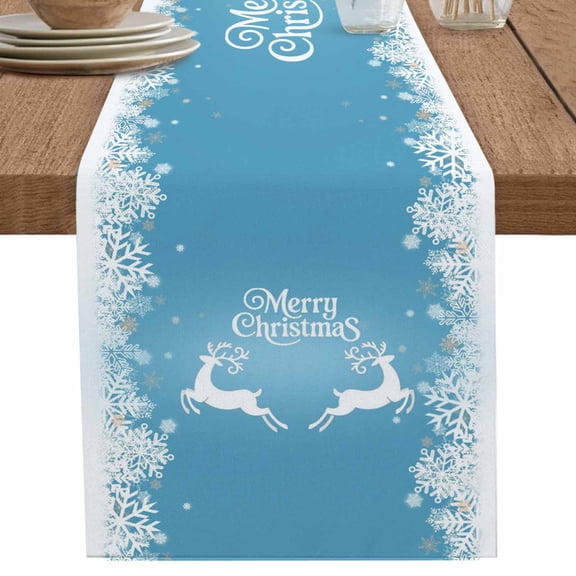 nqOlkjepod Blue Christmas Table Runner 90 Inches Long Farmhouse Dress Scarves, Elk Xmas Snowflake Winter Deer Dining Tablerunner for Coffee Table/Kitchen Island/Party Décor, 13" x 90"