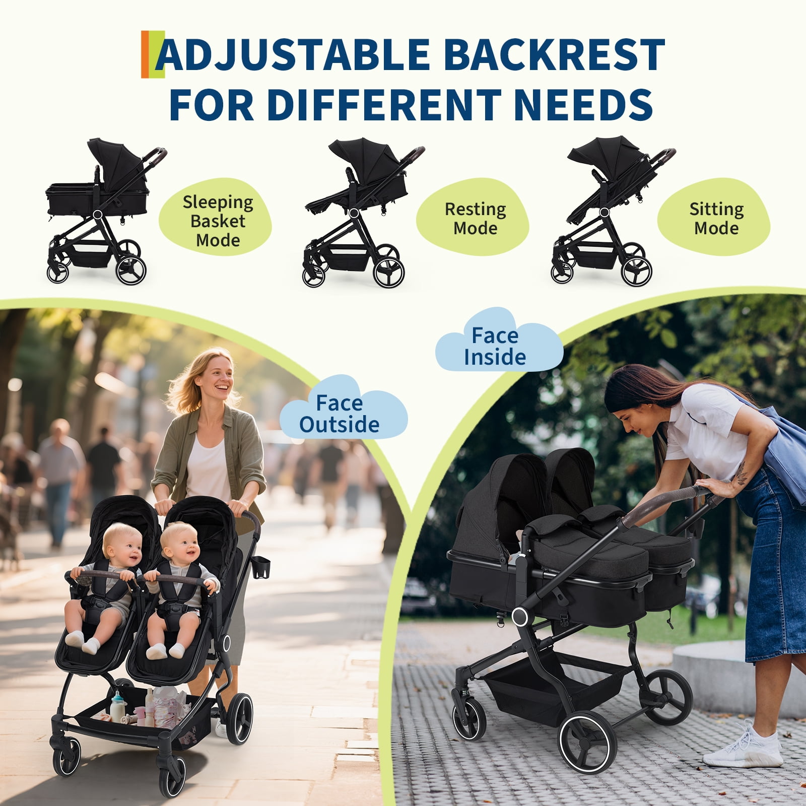 Roromall Side by Side Double Stroller for Twins, Adjustable Compact Folding Baby Travel Stroller with High Landscape Seat, Lightweight Canopy & Recline for Infant and Toddler