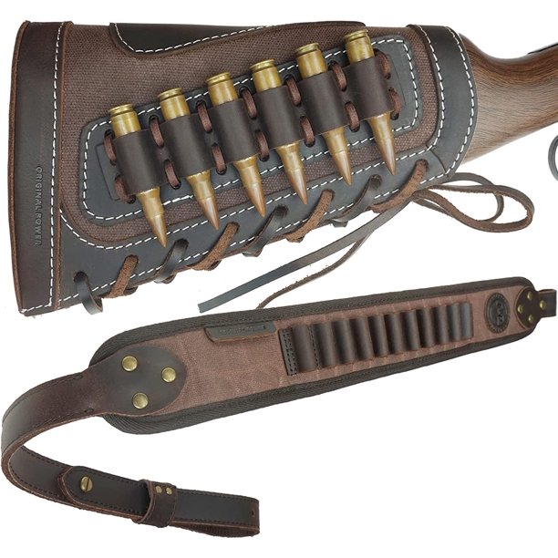 1 Suit of Leather Gun Shell Holder Buttstock with Rifle Sling for .308