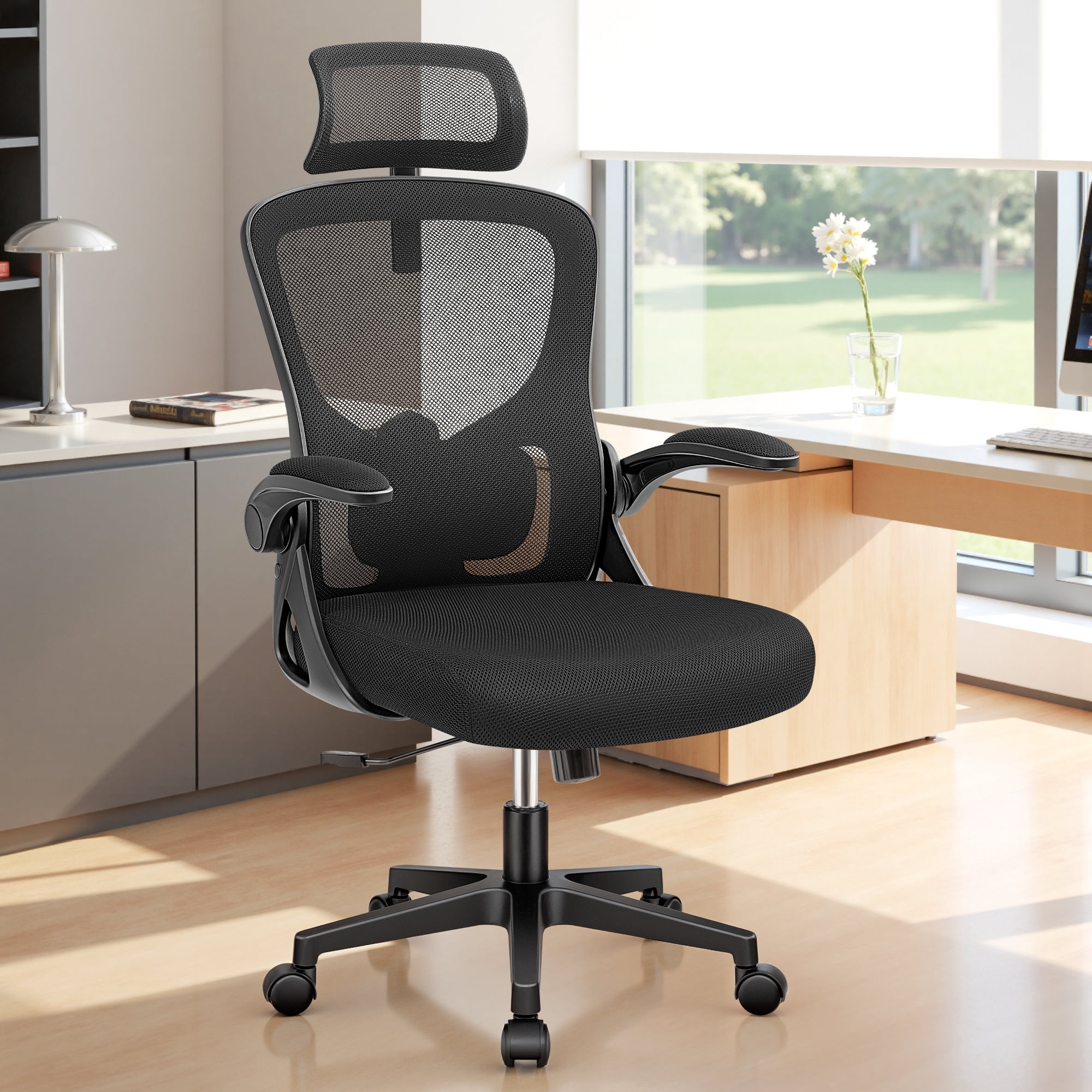 ATHOPE Office Chair, Ergonomic Desk Chairs 300LBS Capacity High Back Mesh Computer Chair with Flip-up Armrests, Comfy Work Chair with Adjustable Lumbar Support Headrest for Home Office, Black