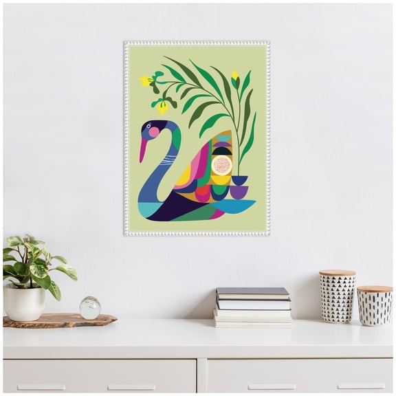Kate and Laurel Swan Vase Framed Canvas Wall Art by Rachel Lee 18 x 24 Sylvie Beaded White, Whimsical, Abstract, Animals, Nature Art for Wall Decor, Living Room, Bedroom