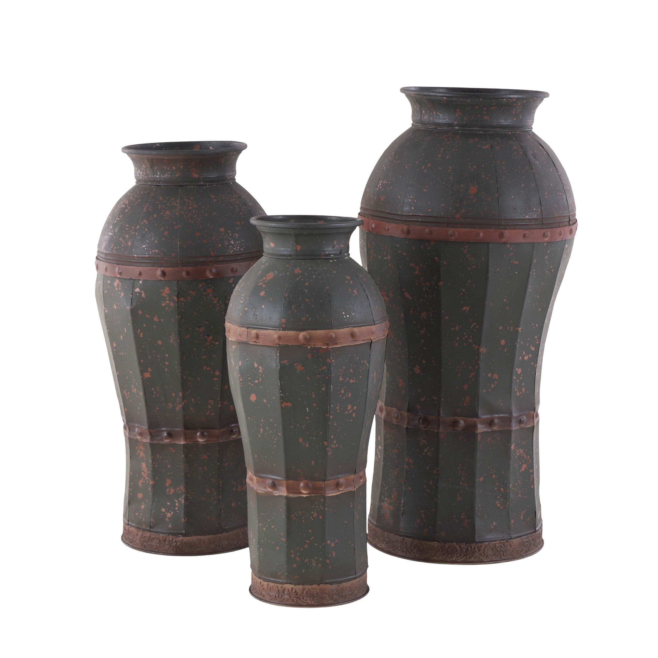 DecMode 37", 33", 29"H Distressed Dark Gray Metal Vase with Rivet Details, Set of 3