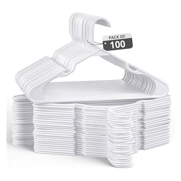 100 Pack Plastic Hangers for Clothes - Adult Heavy Duty Coat Hangers - Space Saving Slim White Hangers for Shirt, Pants, Skirts, Suits